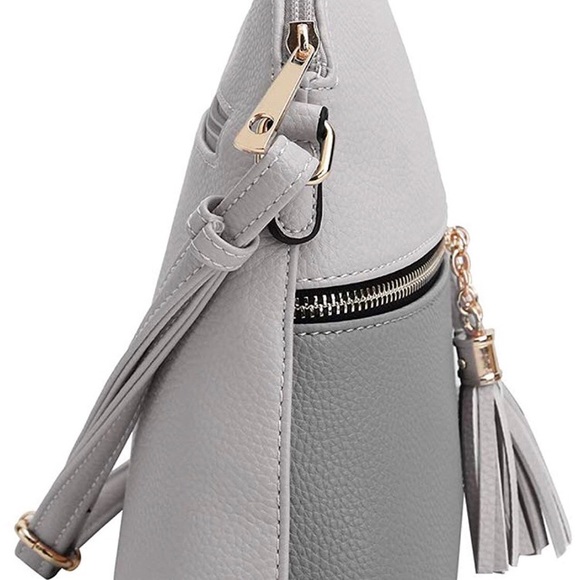 Gray, Medium Dome Crossbody Bag with Tassel - Picture 3 of 4